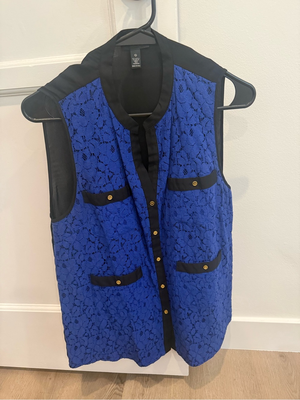 Aqua Sleeveless Blue Lace Vest Top with Black Trim and Back